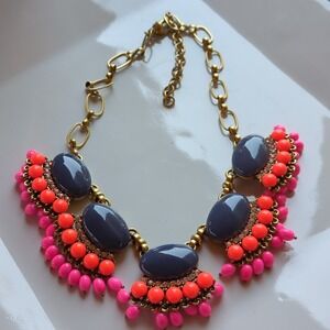 Statement Necklace Gold Chain Gray Blue Orange Pink Bead Bib Collar‎ Jewelry